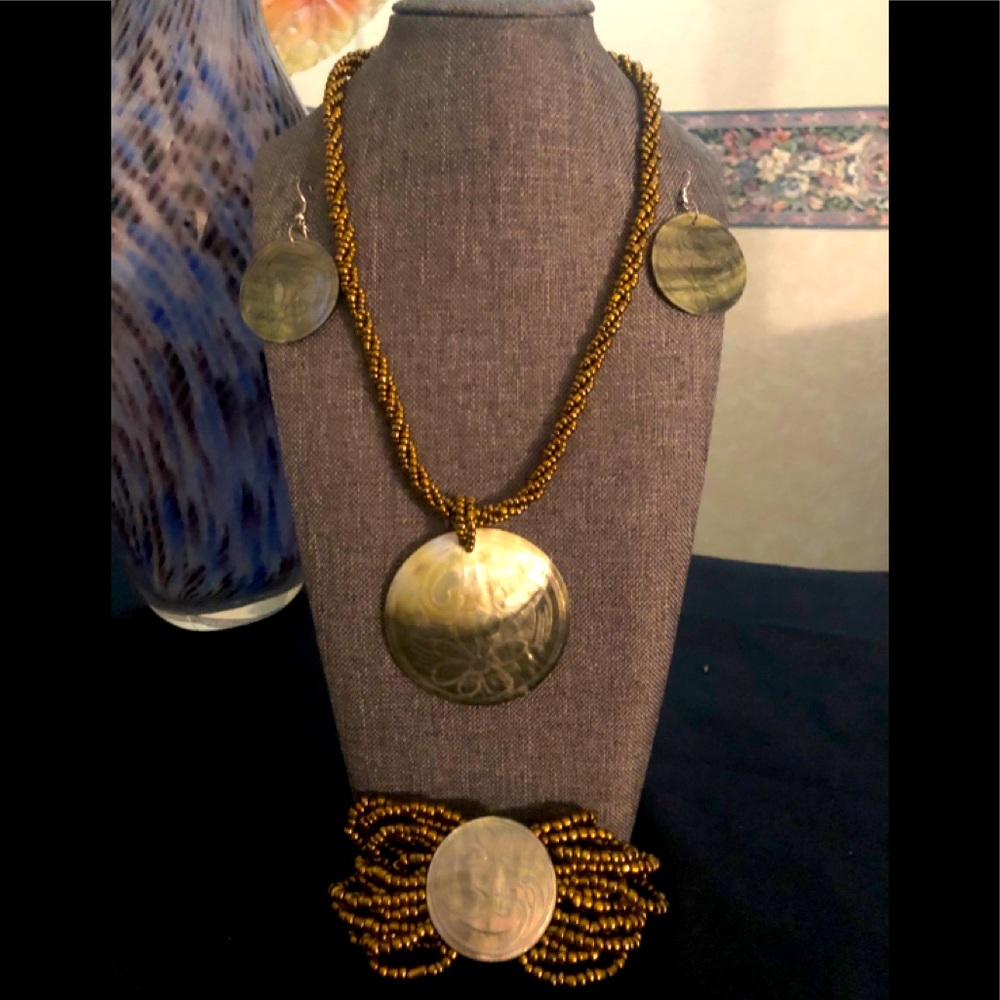 Seed Bead Necklace Set w/Bracelet & Shell Earrings